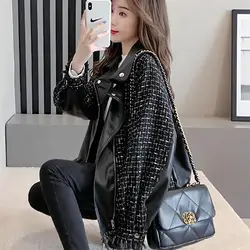 Chaqueta de cuero de retales para mujer, abrigo de Tweed a cuadros, elegante, pequeño, fragante, 2024