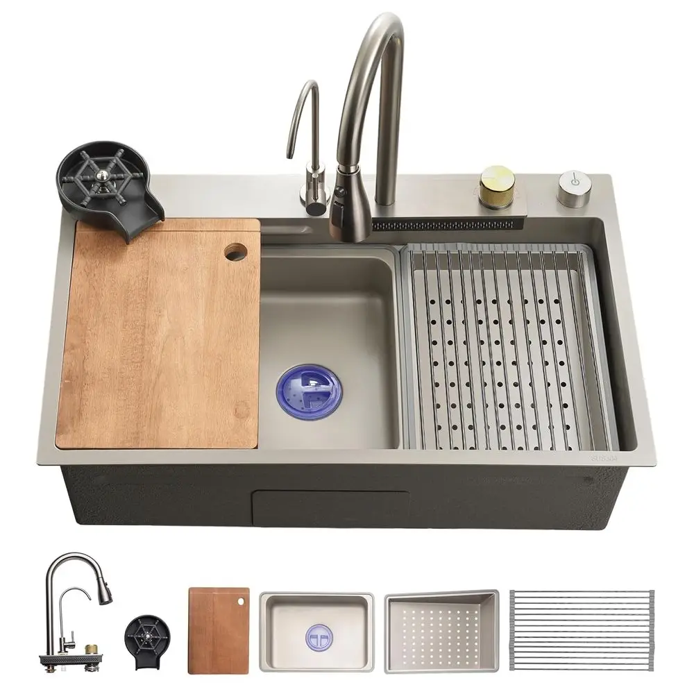 

StainlSteel Kitchen Sink | Undermount & Drop-In Installation |13 Gauge & 30"L x 18"W x 9"H IN | Includes aucet, Drain Rack, Stra