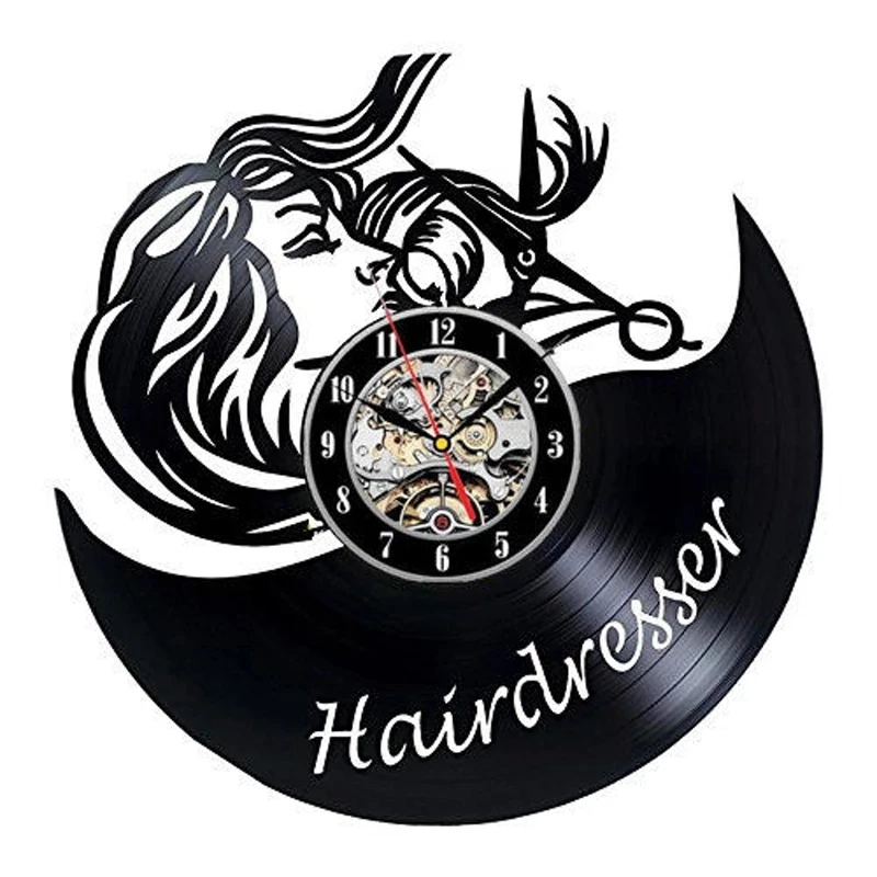 Hair Salon Personalized Name Wall Clock Custom Logo Vinyl Record Barber Shop Retro Timepieces Hair Stylist Hairdresser Gift