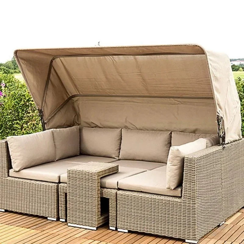 Outdoor rattan bed sofa outdoor courtyard open-air balcony sofa combination with canopy leisure