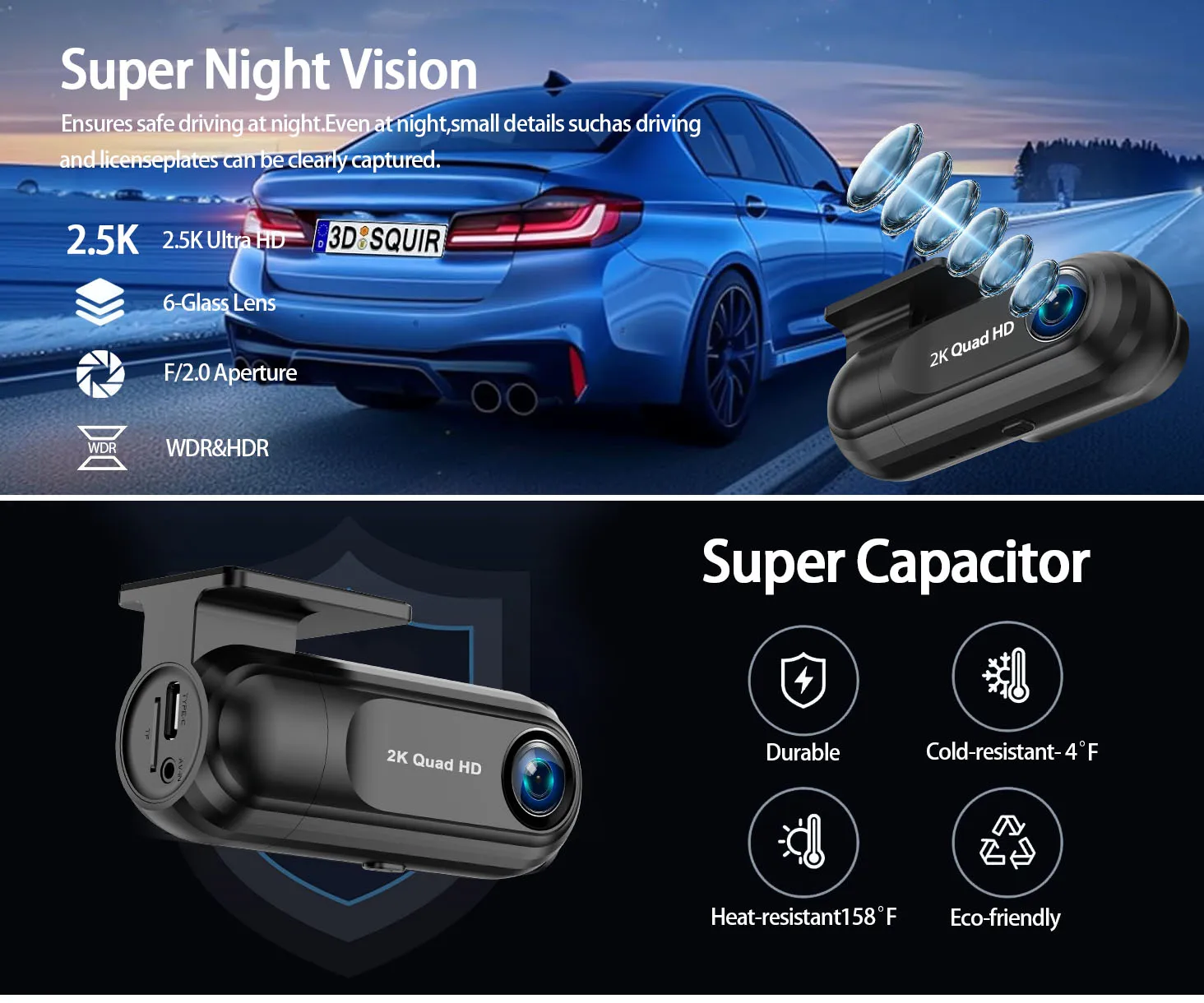 2K Car Dash Camera UHD Recording Car DVR Night Vision Video Recorder DashCam With GPS Wi-Fi Support 24H Parking Monitoring