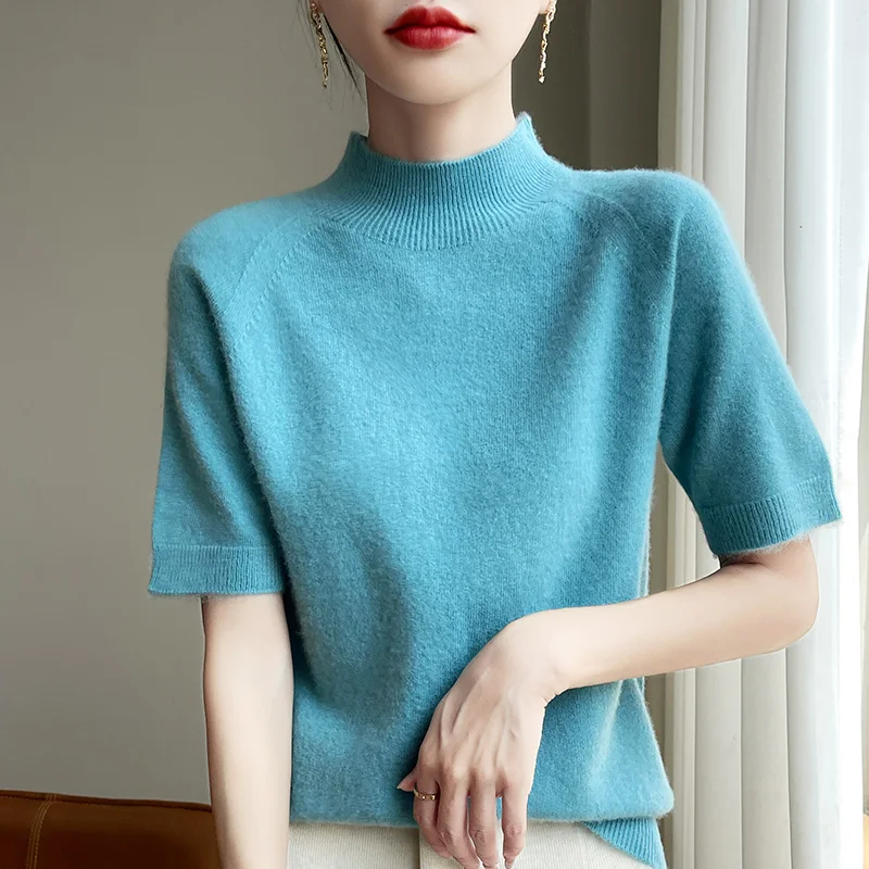 Spring Autumn Semi-High-Necked Wool Knit Bottoming Shirt Short-Sleeved Pullover Women Close Fit Comfort Solid Semi-Sleeve Tops
