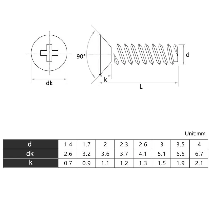 M1.4-M4 Phillips Countersunk Flat Tail Self Tapping Screws Flat Head Self-tapping Flat Tail Bolts Nickel-plated,、Black