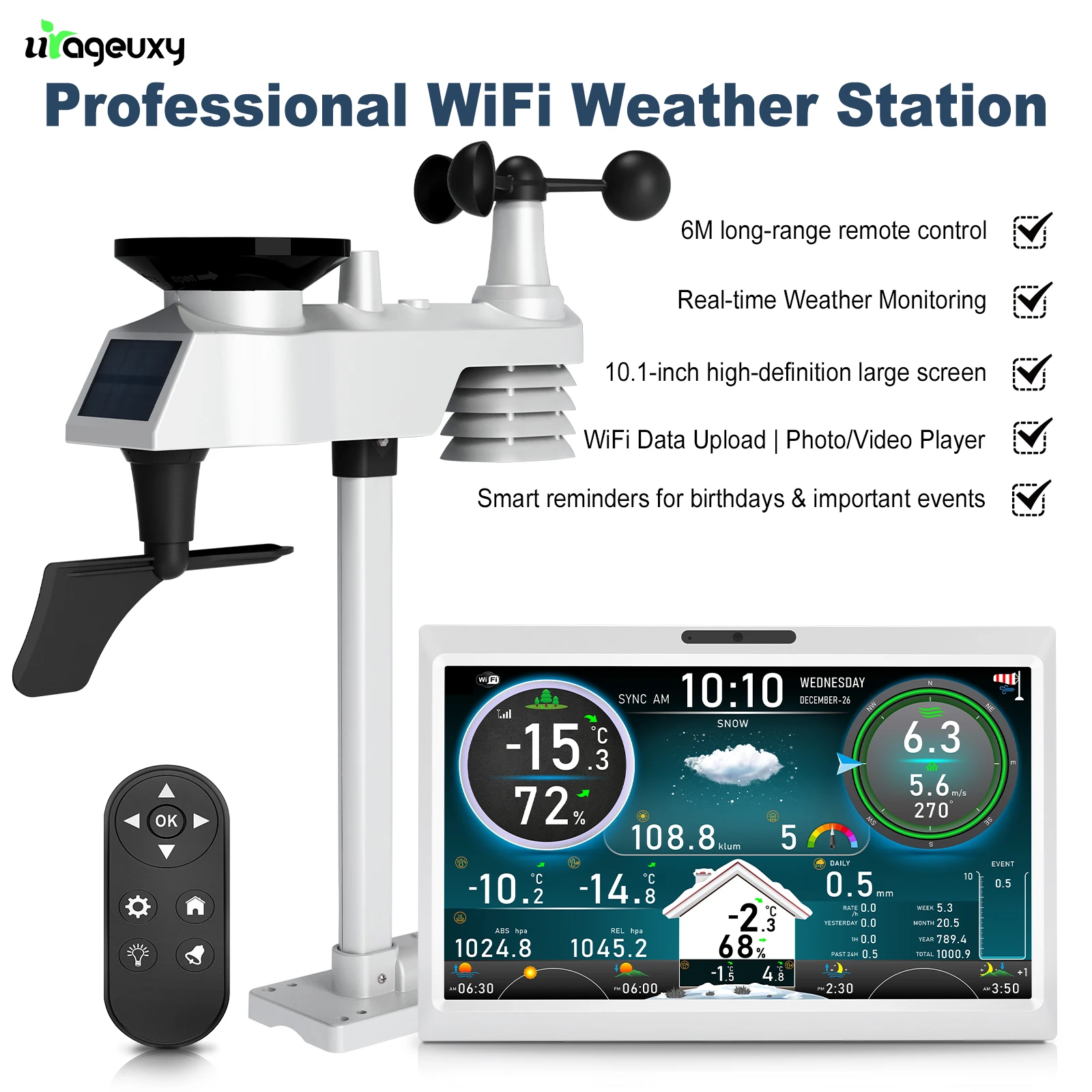 10.1 Inch HD TFT Display WiFi Weather Station with Solar 328ft Remote Sensor  Indoor/Outdoor Temp Humidity Wind Rain Gauge UV