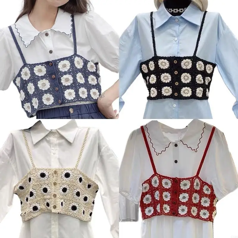Women Korean Summer Sleeveless Sweater Vest Hollow Out Crochet Floral Button Down Mini Crop for 6XDA