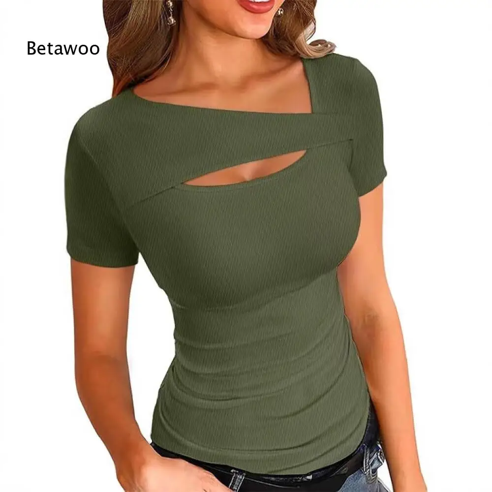 Form Fitting Black Ribbed Cutout Short Sleeve Top