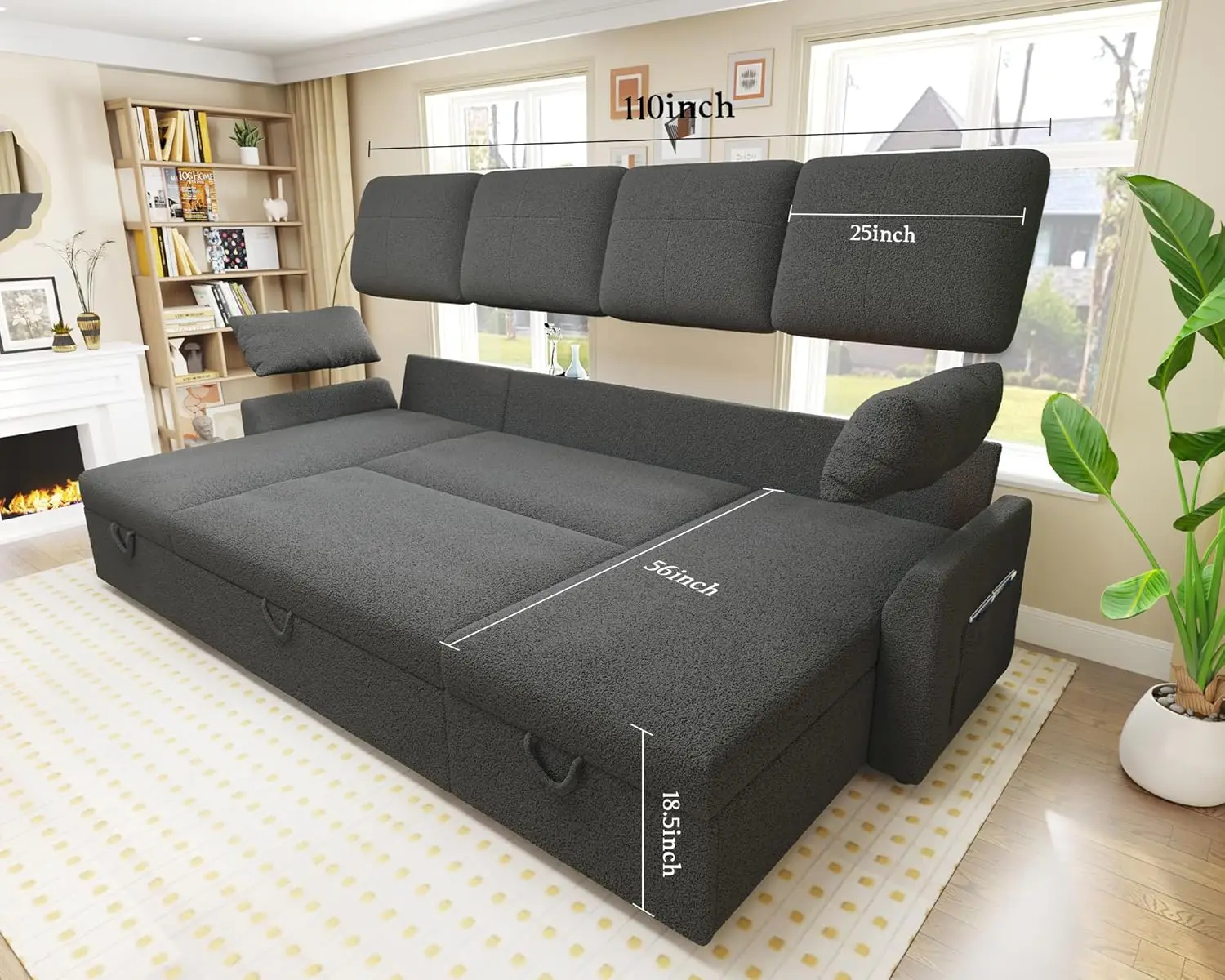 110-Inch Sleeper Sofa Oversized Pull Out Couch with Double Storage Chais U Shape Couches for Living Room-Grey Boucle