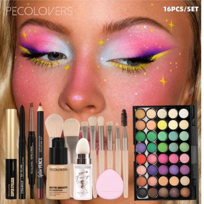 16 Pcs Foundation, Eyeshadow Palette, Eyebrow & Eyeliner Pen, Mascara, Lip Liner, Highlight Powder, Makeup Sponge & Brushes
