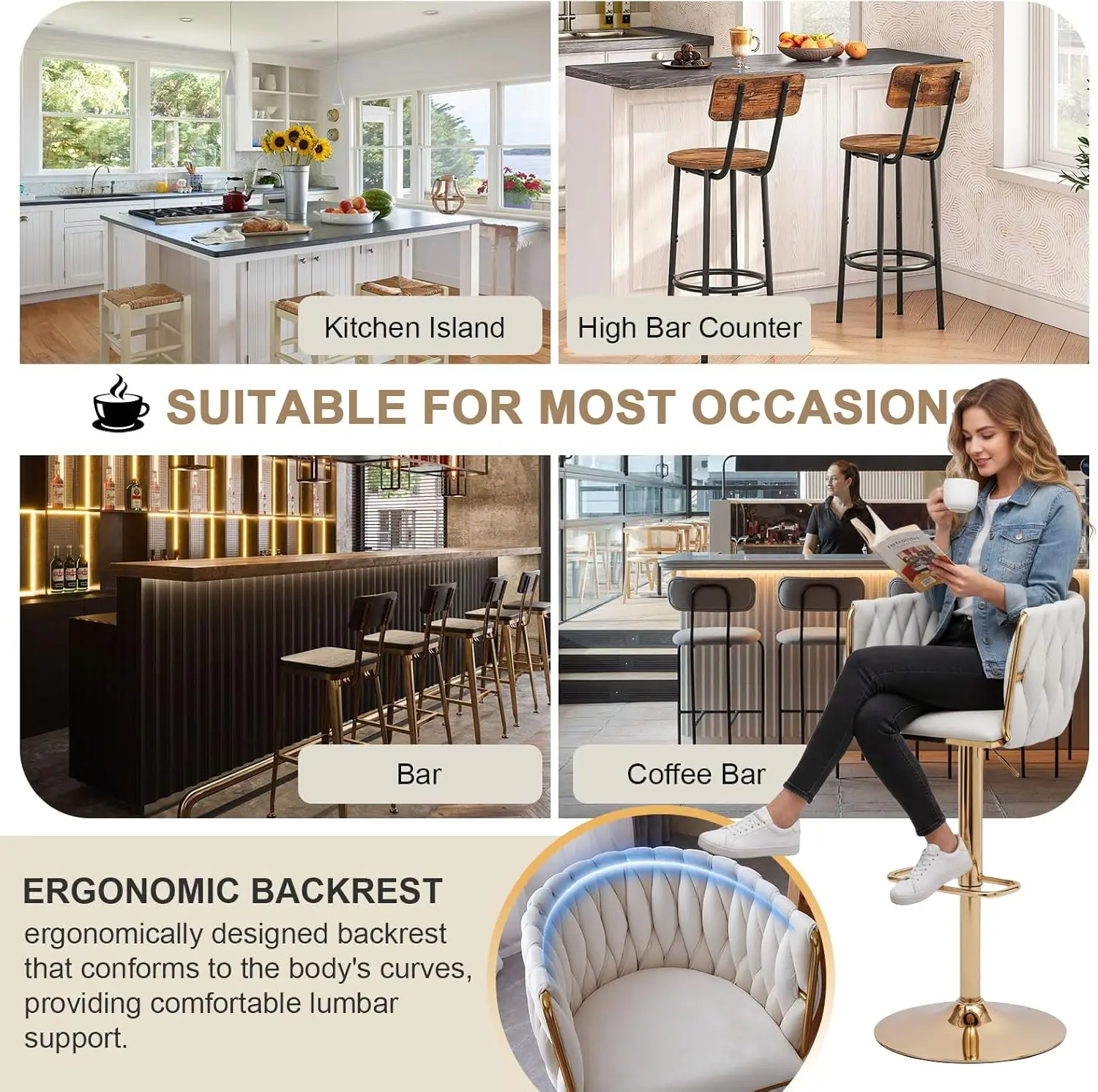 طقم مقاعد بار مخملية مكونة من قطعتين، ارتفاع عداد دوار، قابل للتعديل مع ظهر منسوج ومسند للقدمين، عاجي