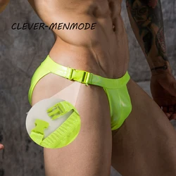 PU Leather Swim Briefs Sexy Bikini Swimwear Men Bathing Beach Swimming Trunks Shorts Swimsuit Buckle Tanga hombre Male Underwear