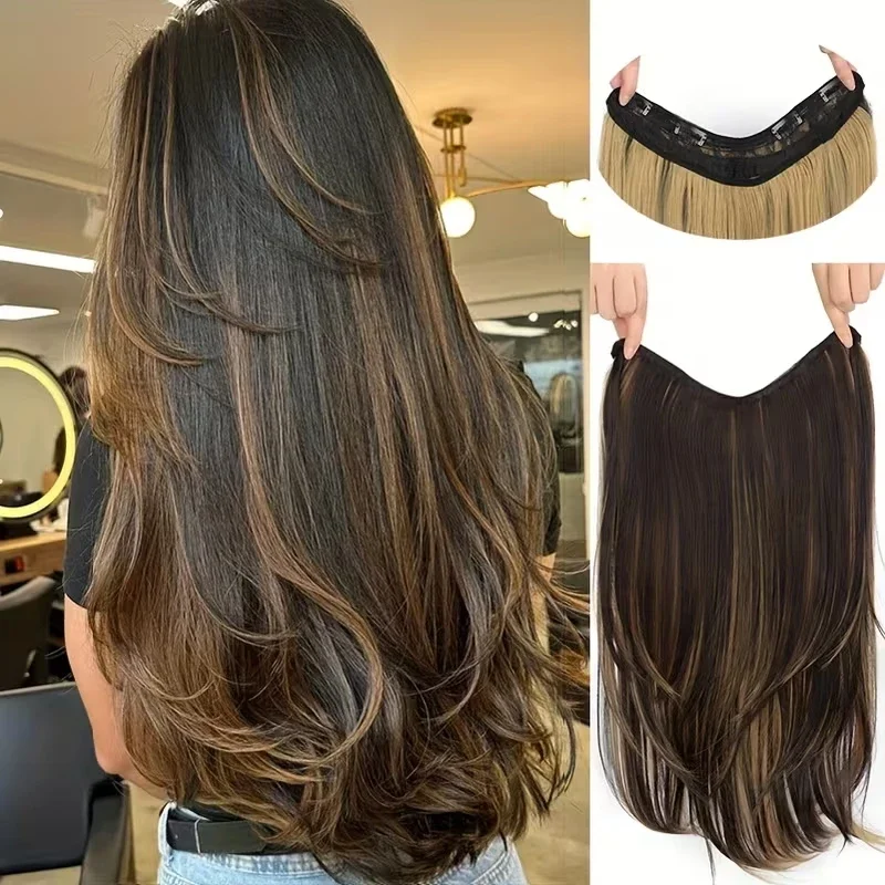 22Pulg Sintético Largo Recto Forma de V en Capas Clip-in Extensiones de Cabello para Mujeres Invisible Sin Costuras Pieza de Cabello para Mujeres