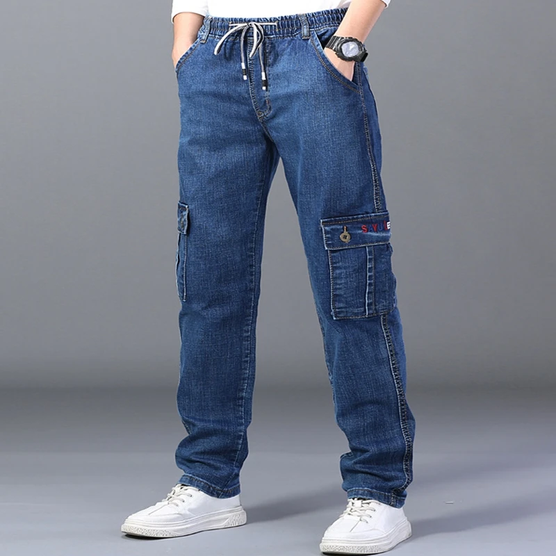 Autumn and winter plus size men\'s casual stretch jeans 9XL 8XL 7XL fashion multi-pocket loose high waist straight long jeans.