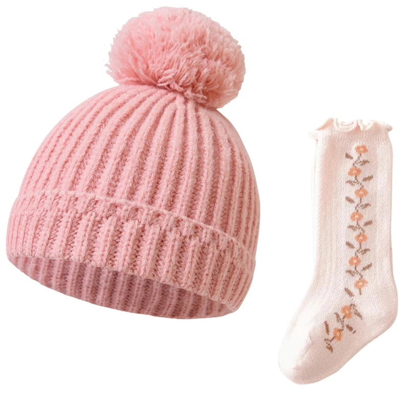 Winter Baby Knit Hat Cute Pom-Pom Infant Beanie Cap Baby Socks Set Kids Warm Woolen Ear Protection Pullover Hats 0-12 Months