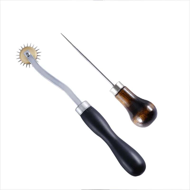 DIY Leather Craft Tool Punch with Overstitch Wheel Wooden Handle Sewing Scanning Line Awl for Paper Cloth