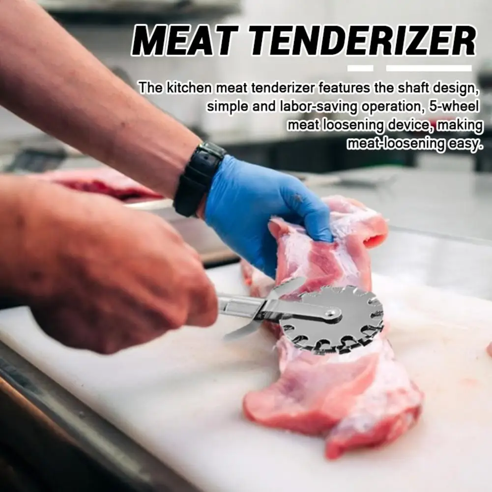 Meat Tenderizer Handheld Stainless Steel 5-Wheel Rolling Loose Meat Hammer Roller for Tendering Steak Beef Pork Kitchen Tool