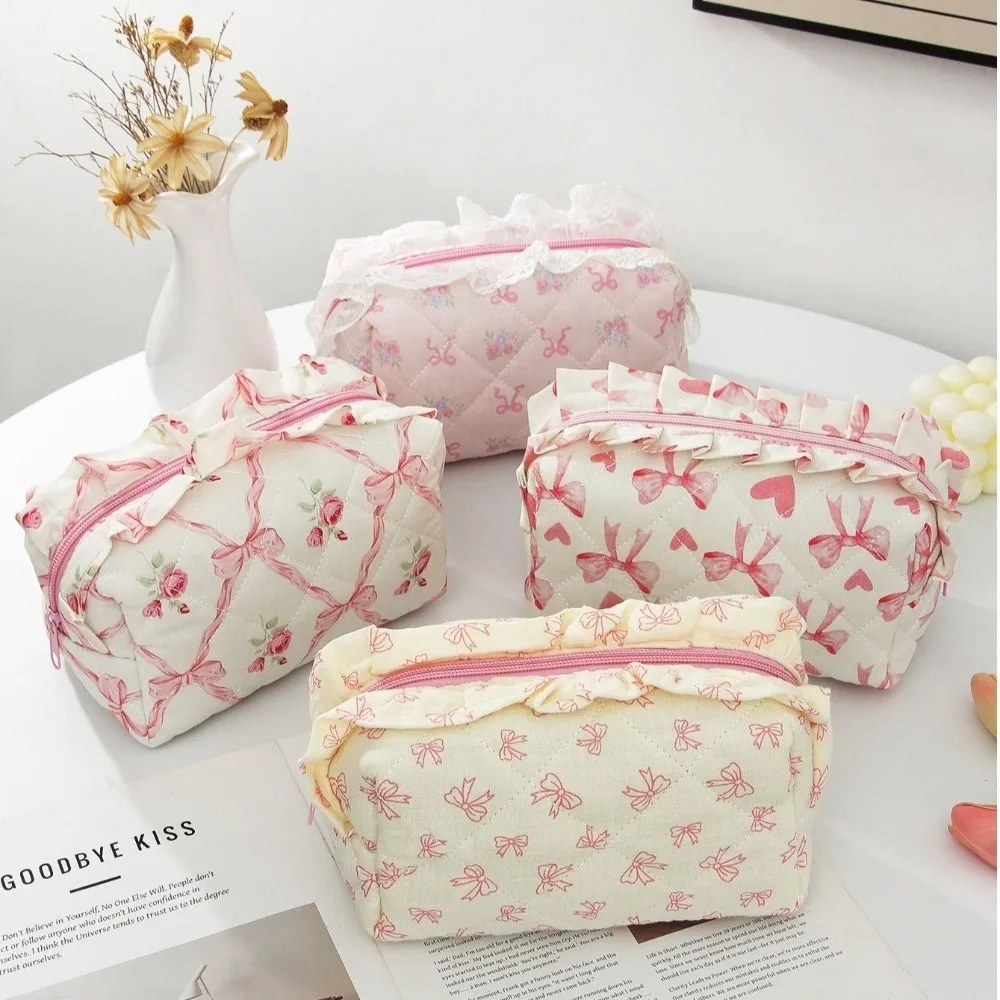 Portable Ruffled Edge Quilted Makeup Bag Bowknot Floral Print Cosmetic Storage Bag Large Capacity Travel Wash Bag