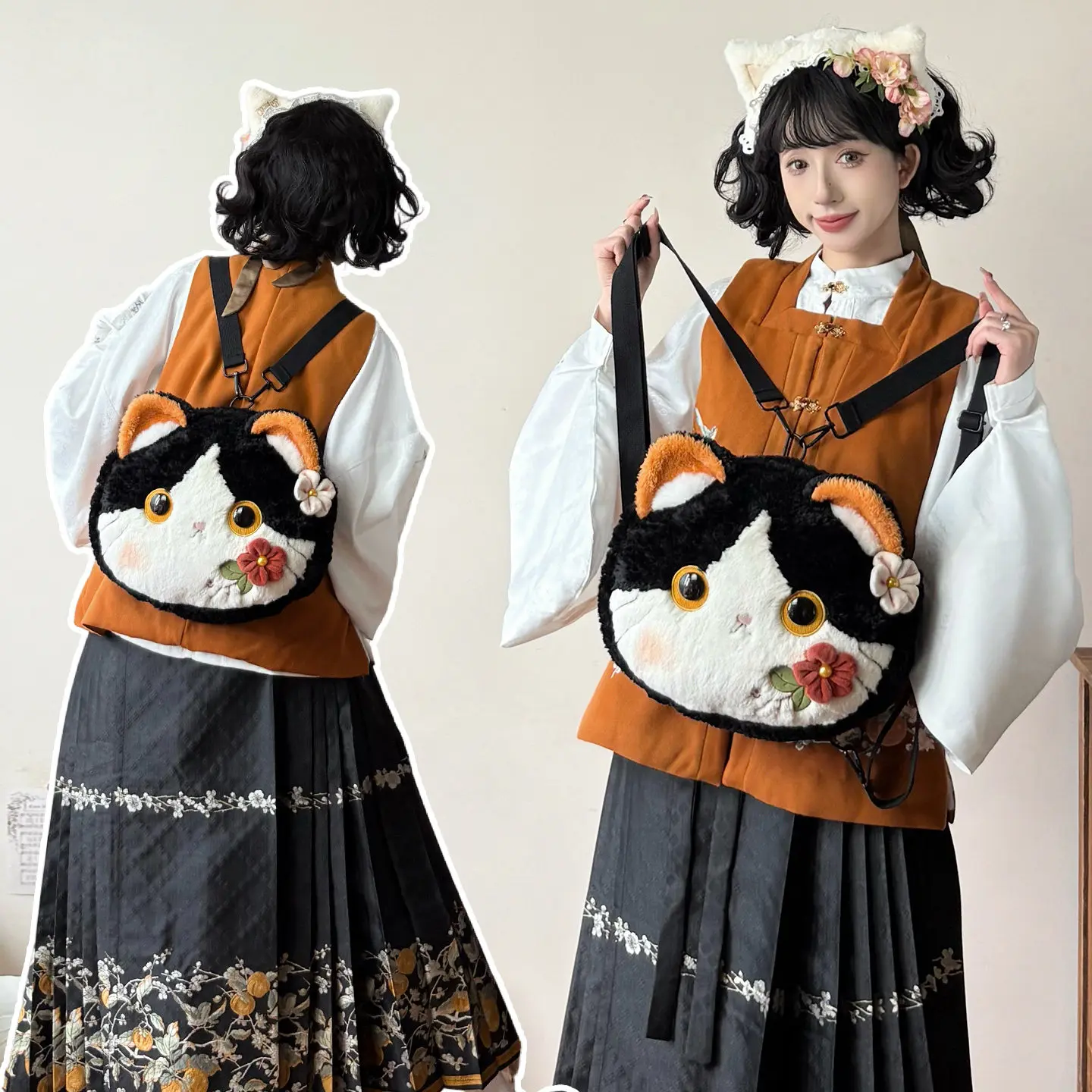 

Chinese Style Cartoon Cute Cartoon Cat Head Big Face Bag Female Doll Lolita Plush Shoulder Oblique Span Bags Girl Crossbody Bags