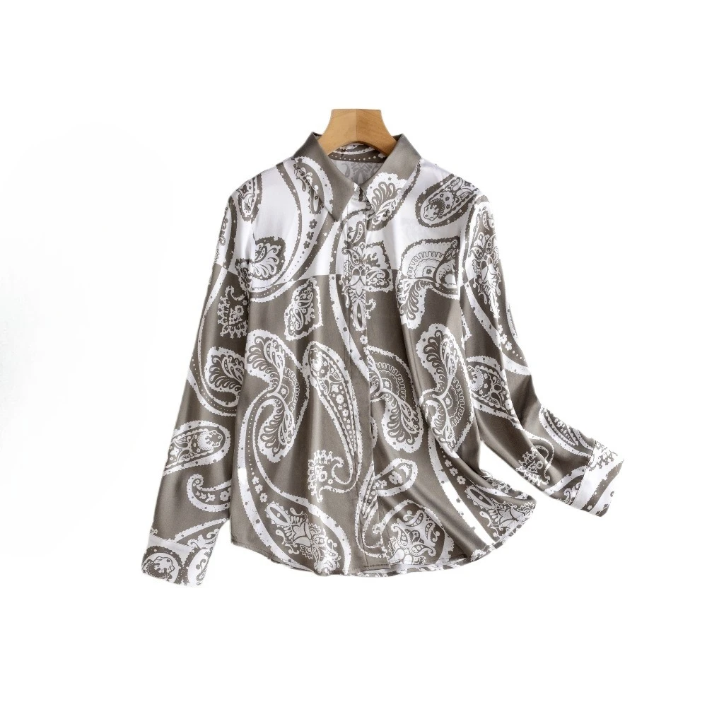 Women's Clothing 22MM Sand Washed 93% Natural Mulberry Silk Elastin Satin Lapel OL Style Versatile Casual Long Sleeved Shirt