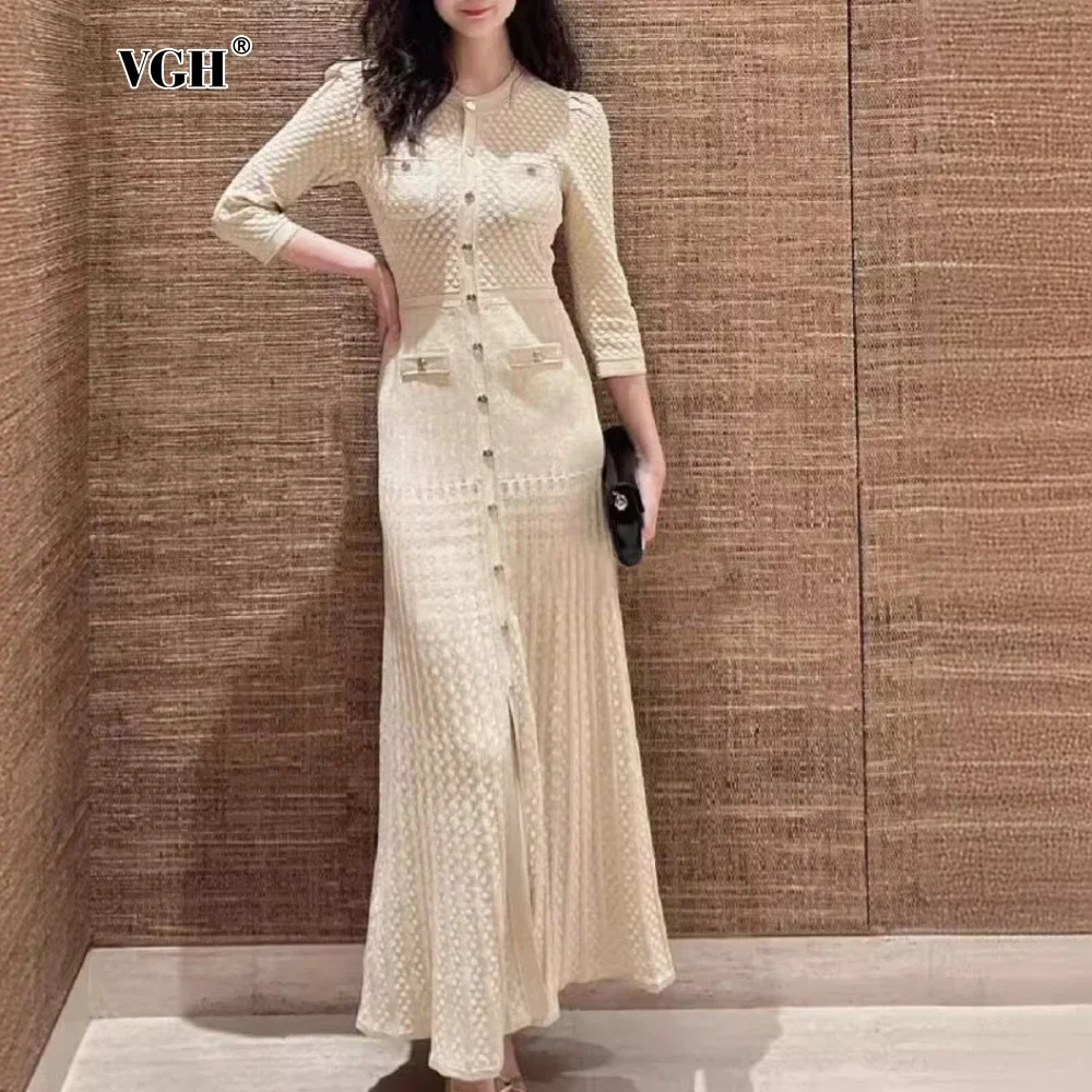 VGH Temperament Knitting Dresses for Women Round Neck Long Sleeve High Waist Spliced Single Breasted Elegant Dress Female Style