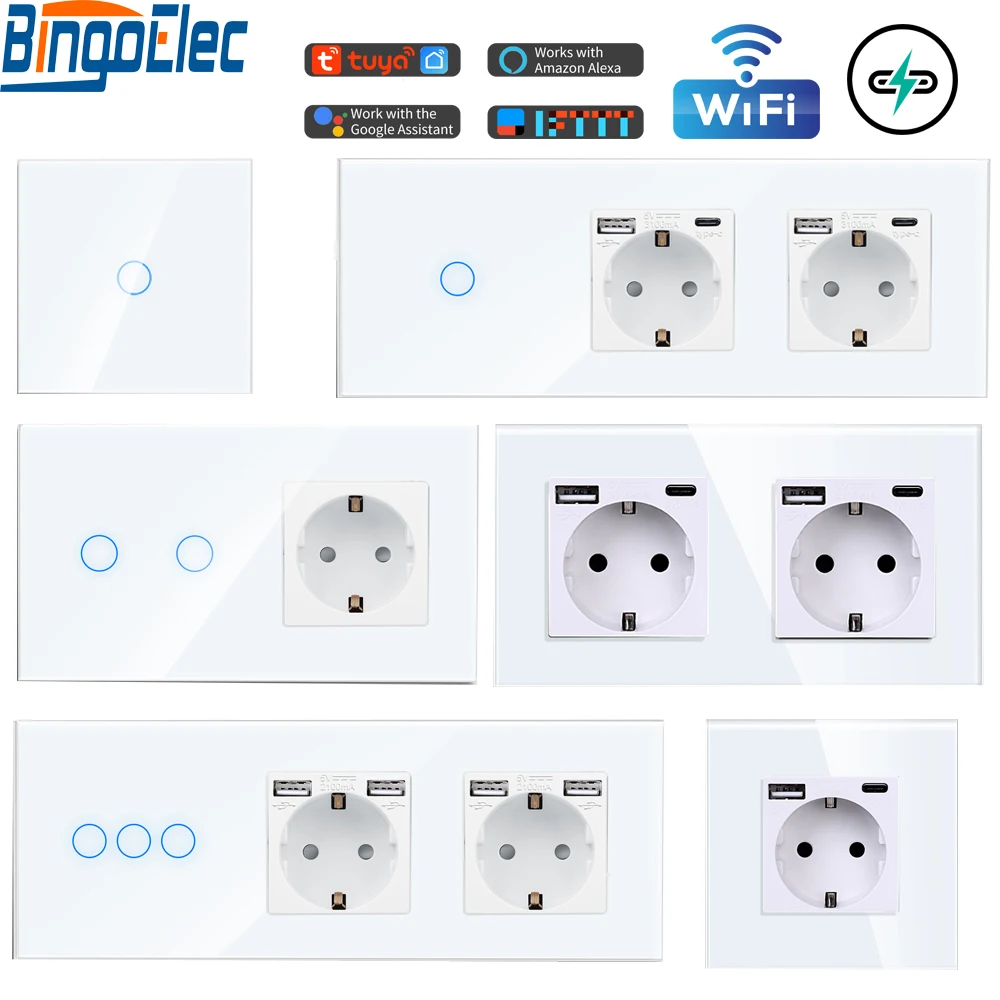 Bingoelec Tuya Smart Touch Light Switches Plus USB Sockets Type-C Plug EU Standard Smart Life Google Home Alexa App Control