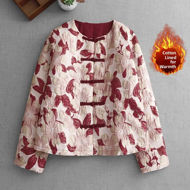 

Шикарное хлопковое пальто с цветочным принтом, зимнее пальто большого размера, женская модная винтажная хлопковая верхняя одежда на пуговицах