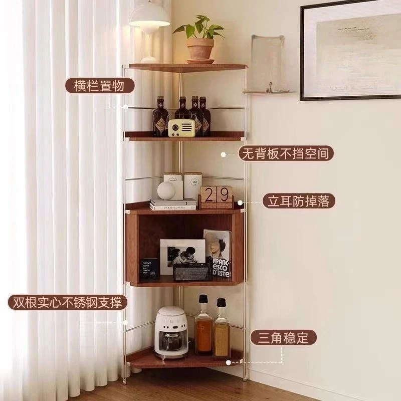 

Medieval style shelf, living room study shelf, small apartment against the wall, solid wood stainless steel floor corner cabinet