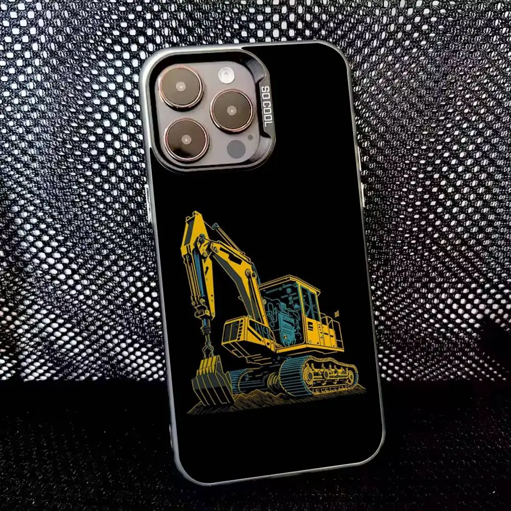 iPhone 16、15、14、13、12、11、8、7、Pro、Max、Plus、Mini、XS、SE用ショベルカー風スマホケース、耐衝撃、ブラックマットハード