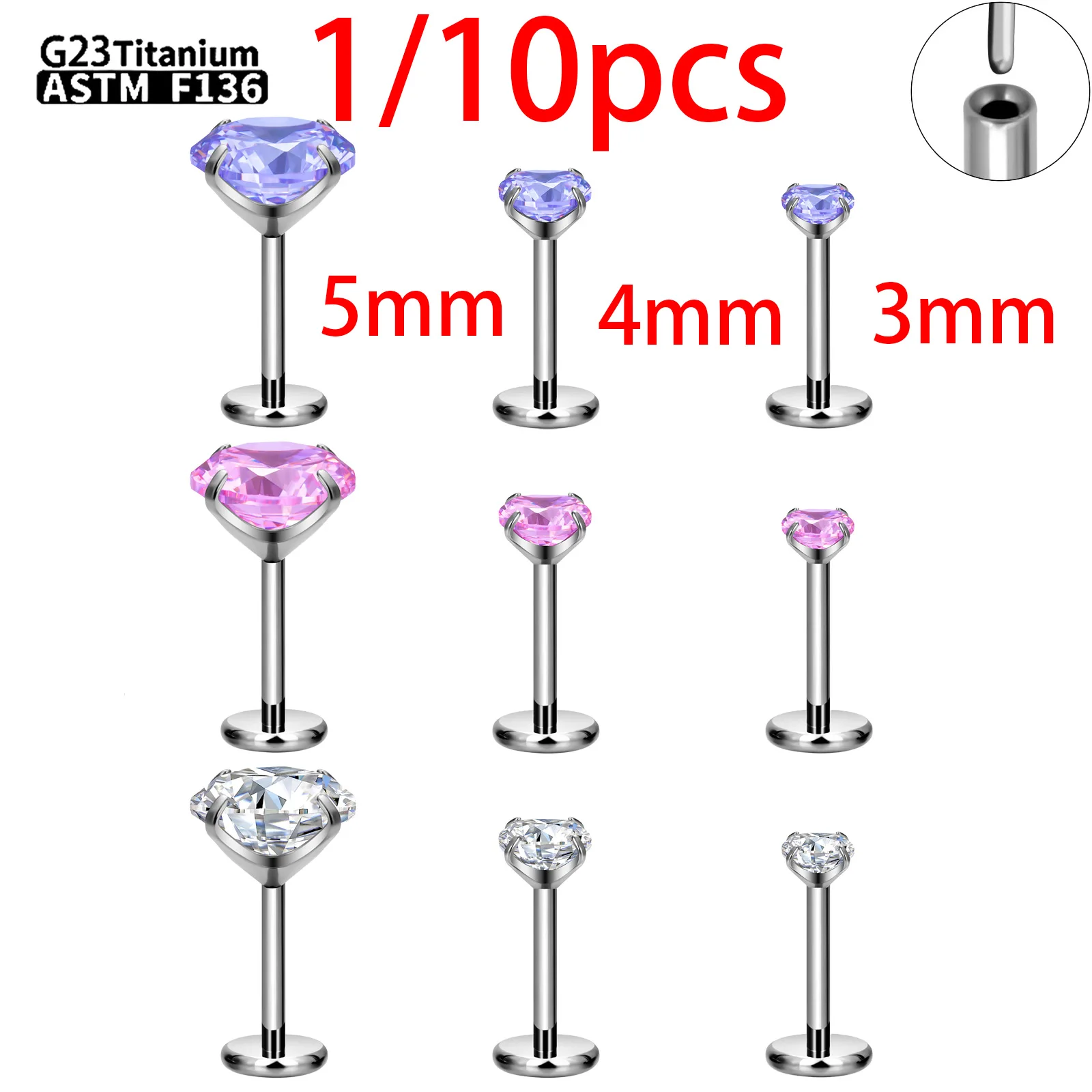 Wholesale 1/10Pcs G23 Titanium Piercing Pin Insertion Ear Studs Earrings For Women Zircon Pin Body jewelry ASTM-F136