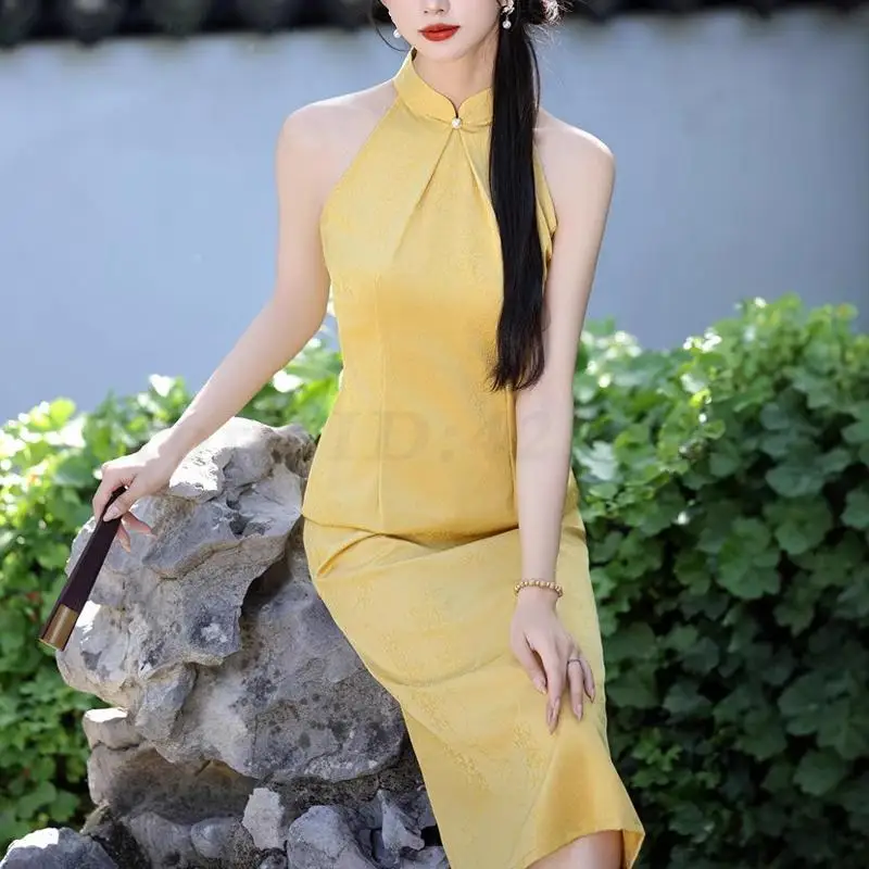 

Sleeveless Slim Chesongam Sexy Off Shoulder Qipao Women Chinese Style Jacquard Dress Traditional Stand Collar Plus Size 3XL Gown