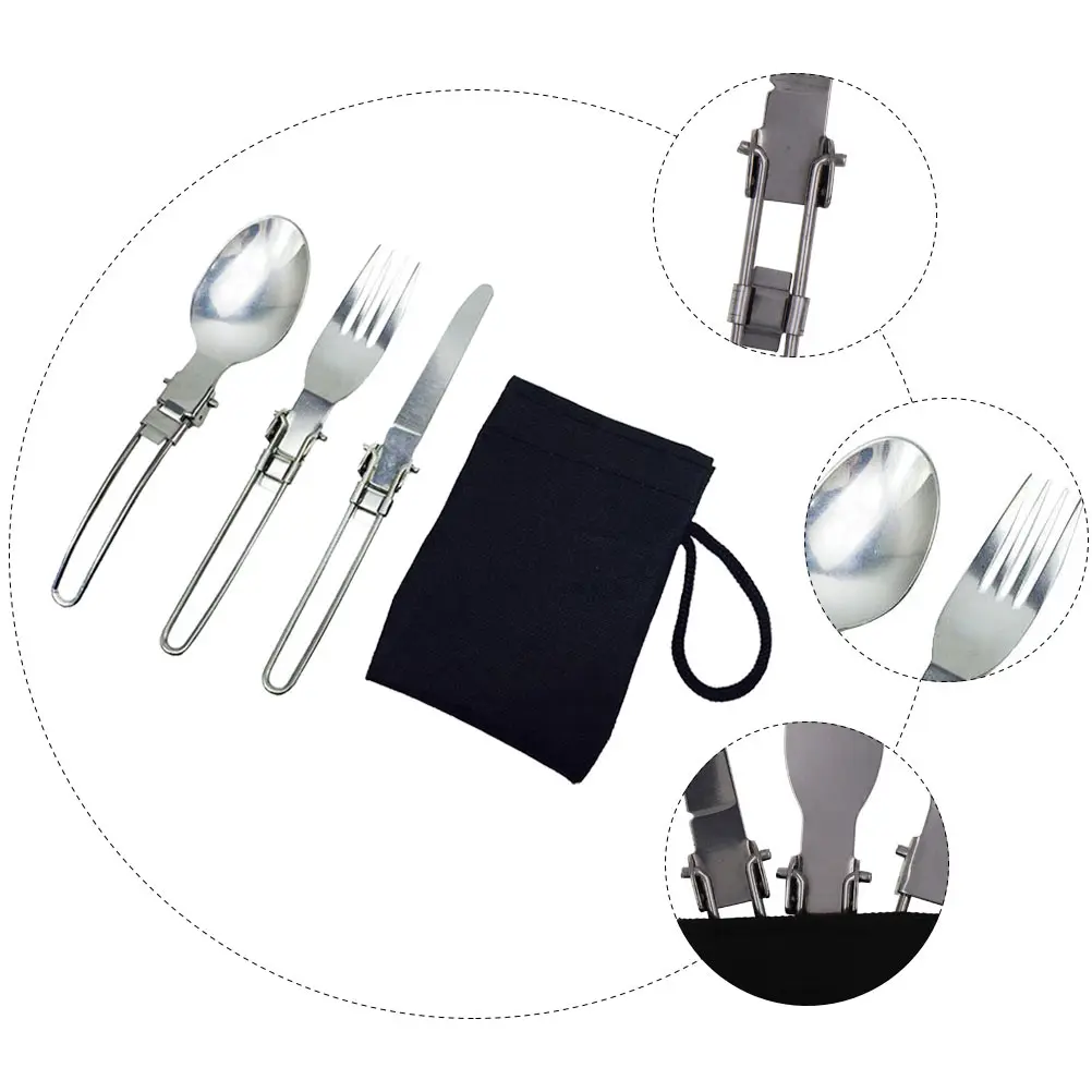 

3 Sets Folding Tableware Stainless Steel Camping Flatware Fork Spoon Knife Set Portable Reusable Picnic Cutlery