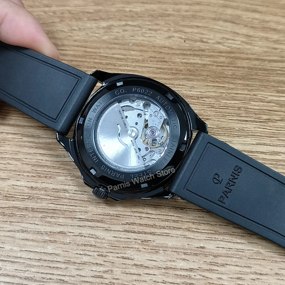 Parnis 39mm relógio de pulso masculino miyota8215 relógio mecânico automático luminoso caixa preta marcas mostrador verde com pulseira de couro