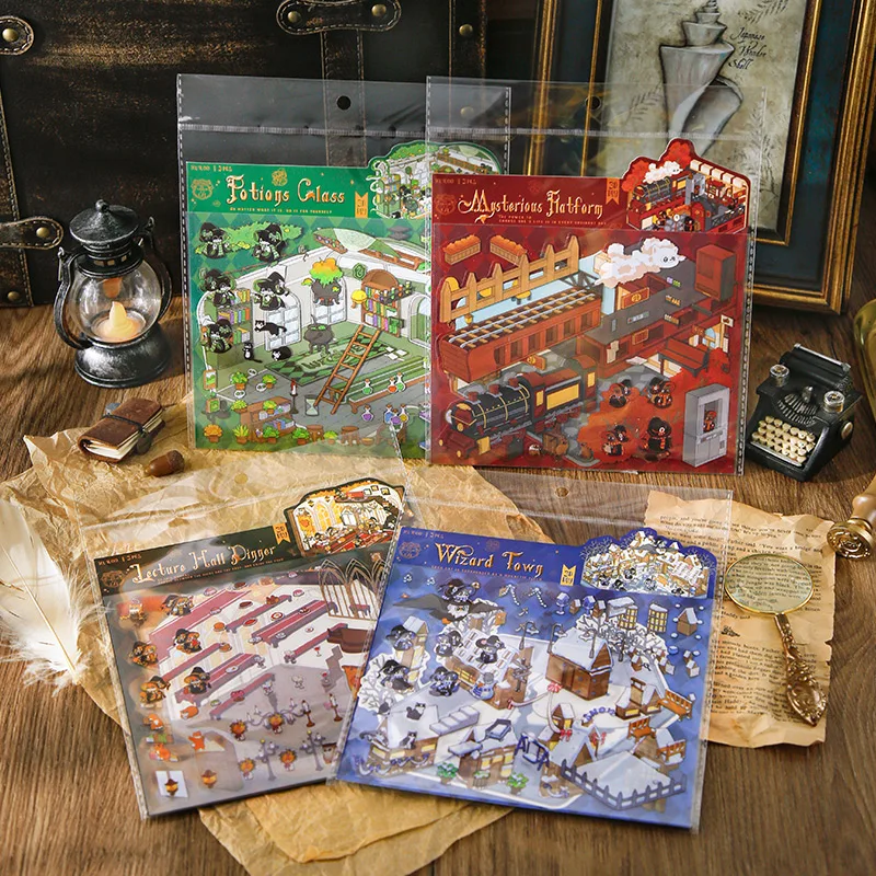 

4 Style Magical Cat PET 3D Landscape Stickers Pack Decorative DIY Scrapbooking Materials Hand Account Collage Stationery Sticker