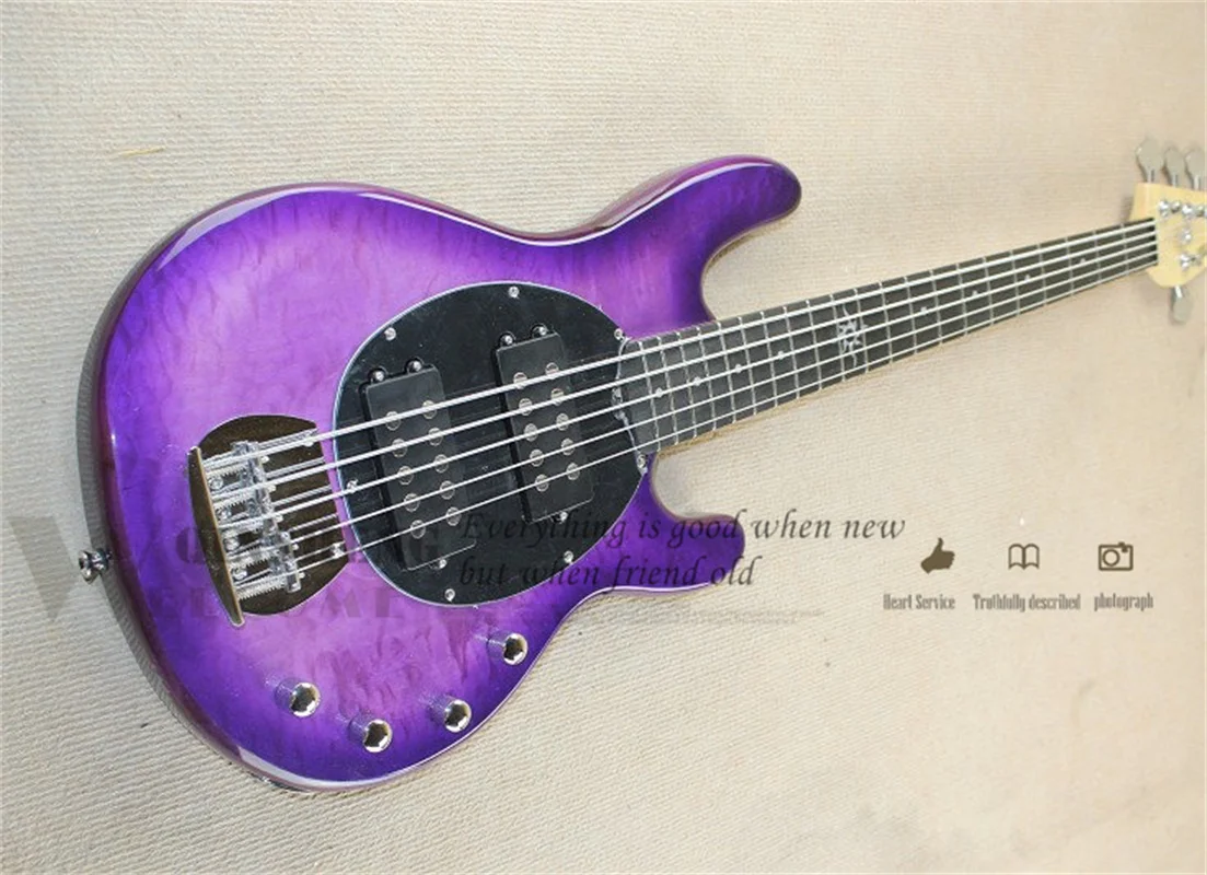 5 Strings Bass Guitar Ray Bass Purple Basswood Body Squilted Maple Veneer  Active Battery Chrome Bridge