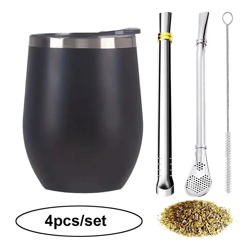 Juego de tazas Mate de acero inoxidable 304, 4 tazas de té de doble pared con pajitas de filtro y cepillo de limpieza para bebidas frías y calientes