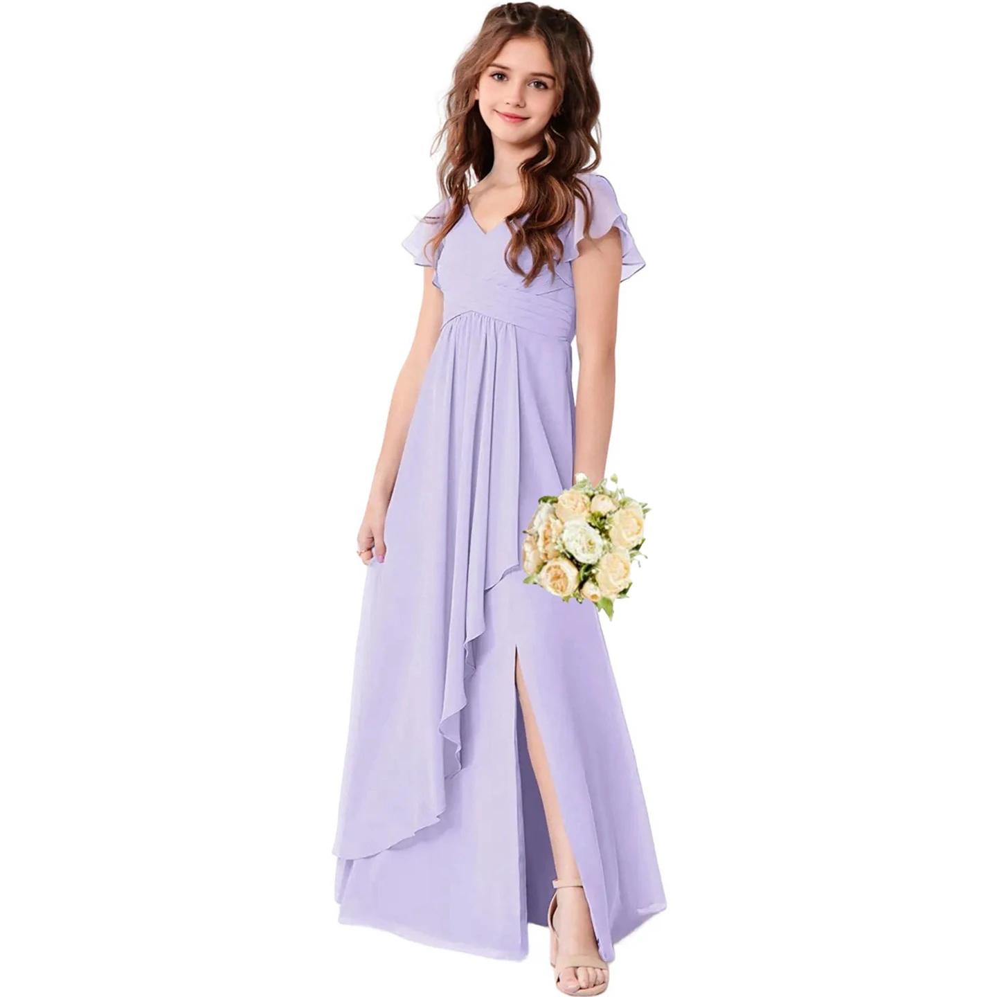 

Girls' Short Front And Long Back Chiffon Holiday Dress, Teenager Dress, Junior Bridesmaid Dress, Wedding Dress, /Custom