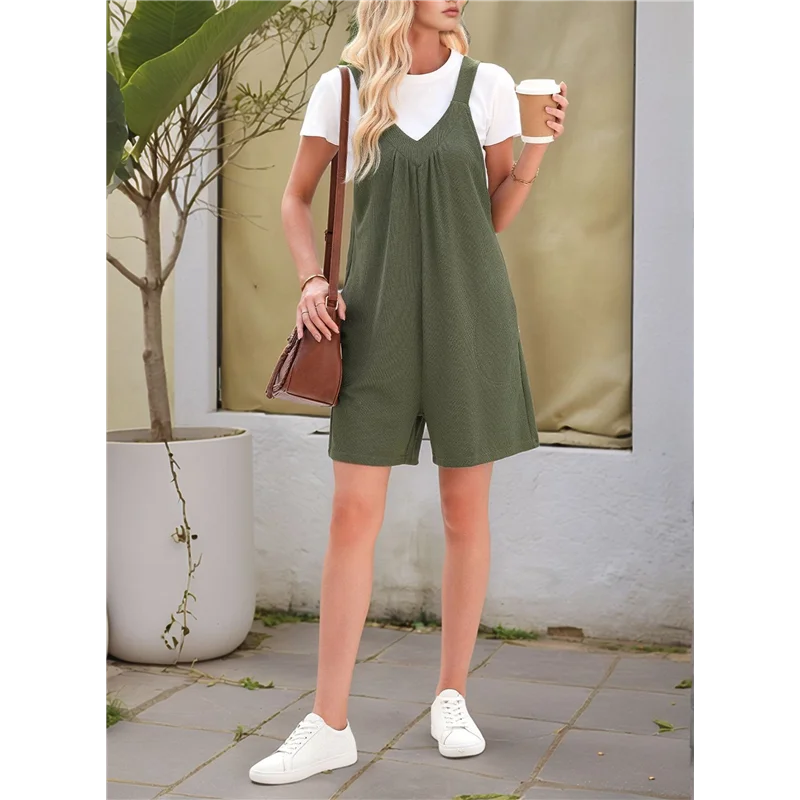 

【】Womens Summer Denim Romper Overall Shorts Casual Sleeveless V Neck Jean Romper Denim Outfit Short Jumpsuits 2025