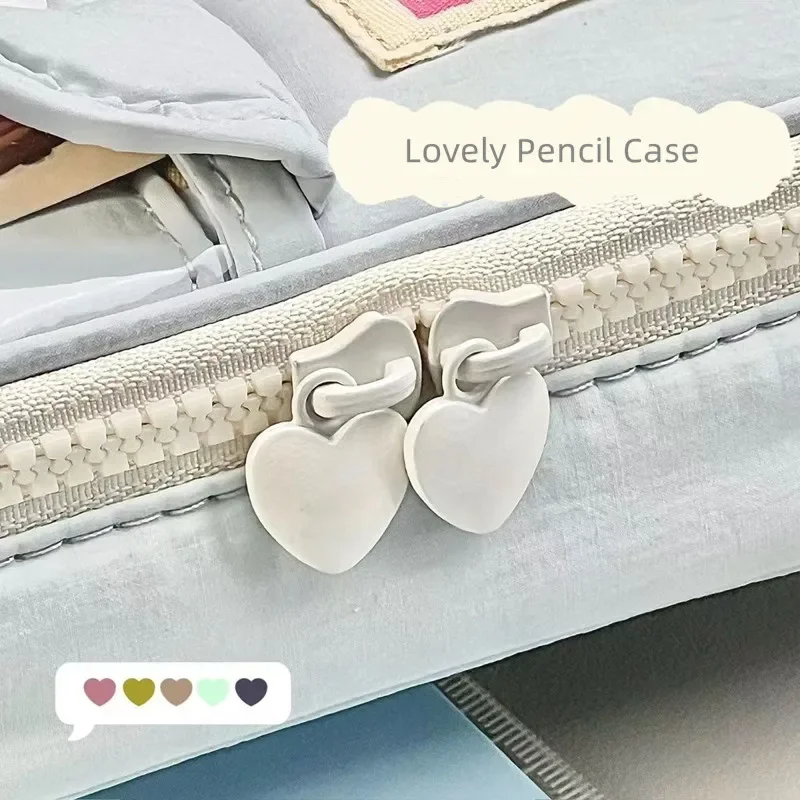 Cute Japanese Ins Small Fresh Simple Pencil Case Art Retro Large Capacity Girl Pen Bag with Clear Card Pocket Heart Shape Zipper