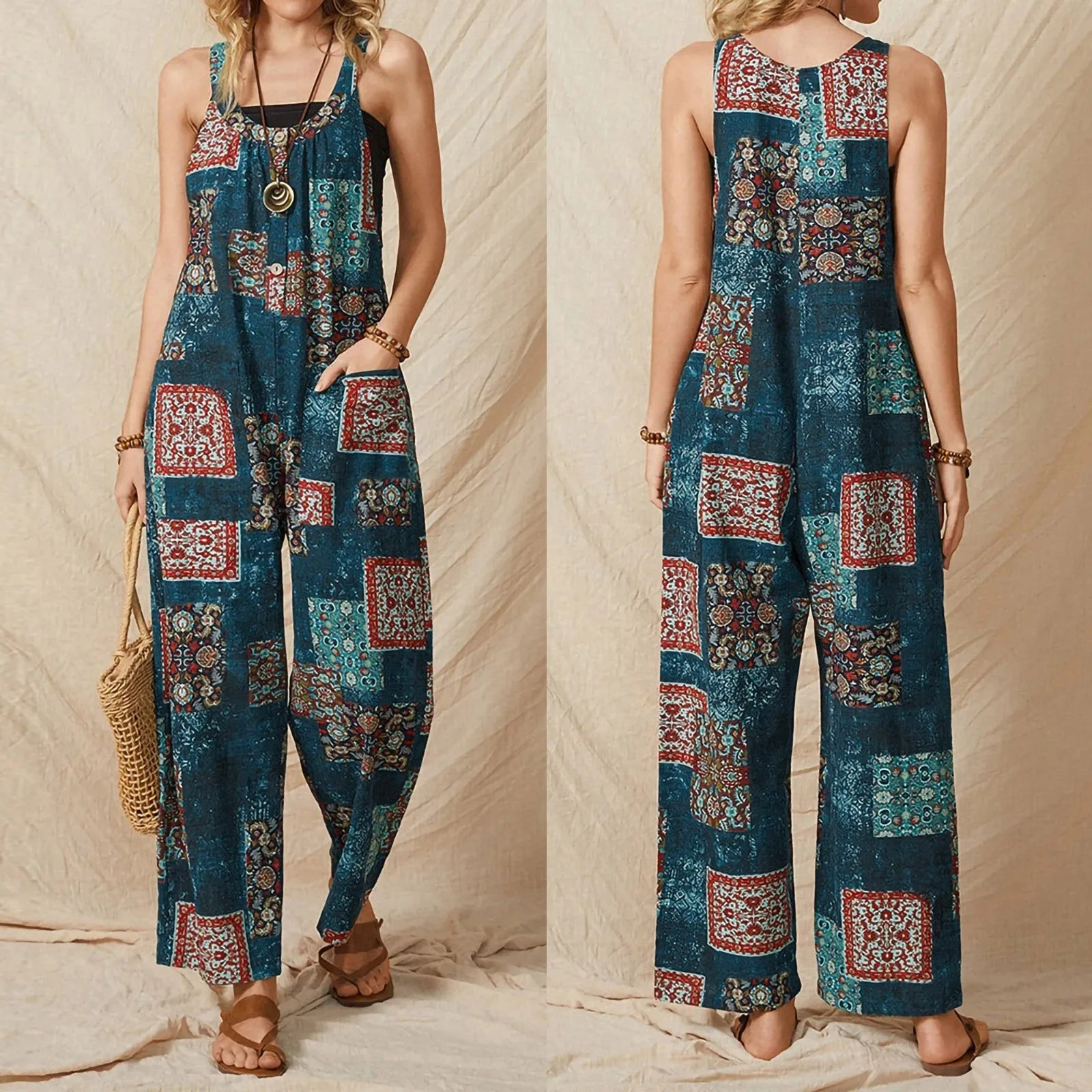 Womens Wide Leg Jumpsuit With Pockets Vintage Printed Casual Overalls With Pocket Sleeveless Baggy Rompers комбинезон женский