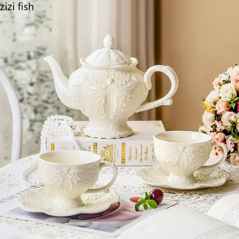 Ceramic Relief Teapot Afternoon Tea Cup Dish Set Household Dessert Snack Plate Plate High Leg Cake Tea Set Household Goods