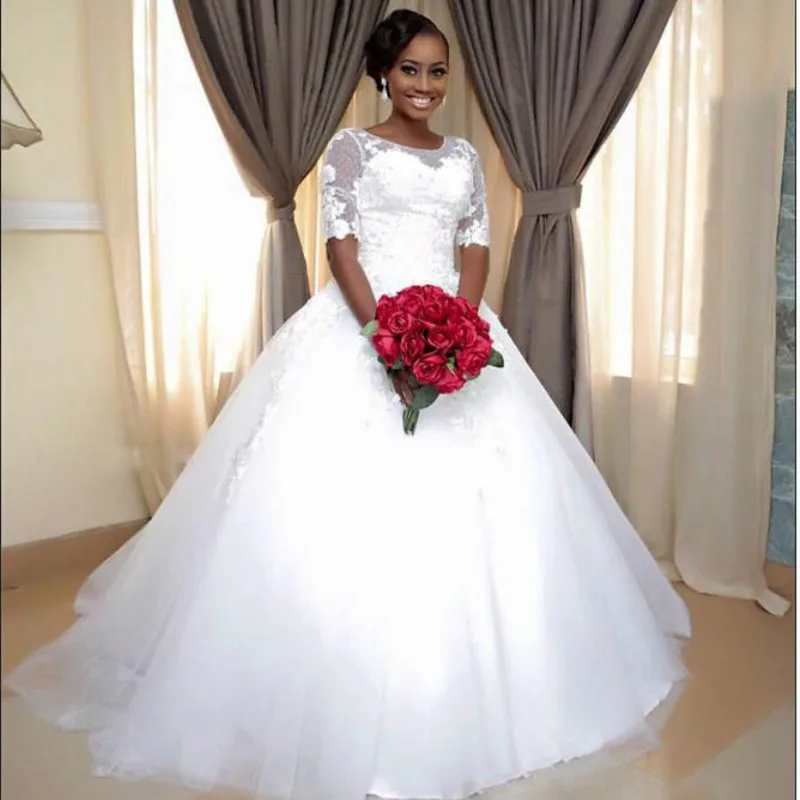 

Medium long sleeved mesh A-line lace tie white high-end wedding dress