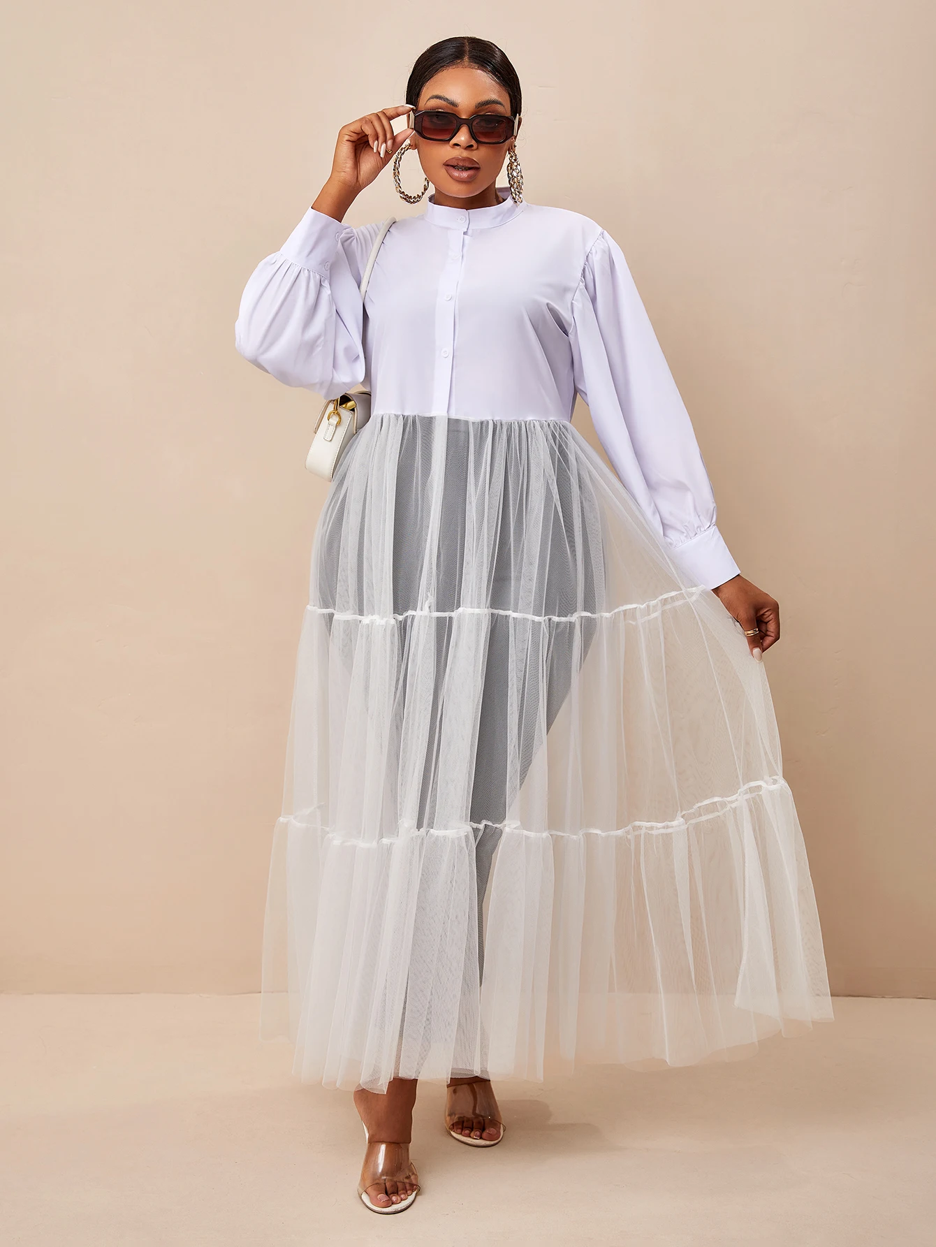 LW Trendy Patchwork See-through Elegant White Maxi Dresses Plain Long Sleeve Button Up Turndown Collar Patchwork Vestidos