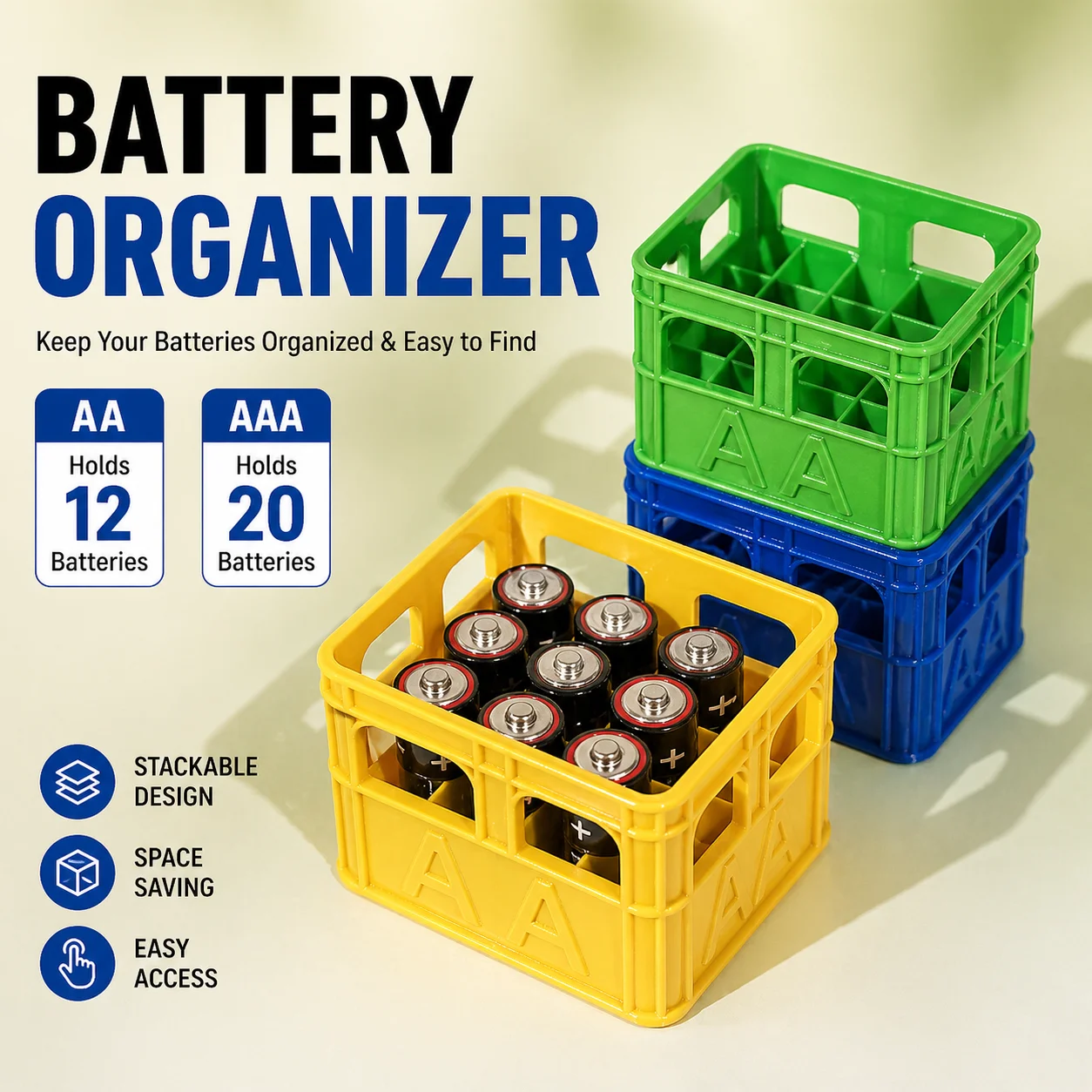 3D-Printed Mini Crate Battery Organizer Stackable Storage Box for 12 AA AAA Batteries Desktop Workshop Drawer Accessories