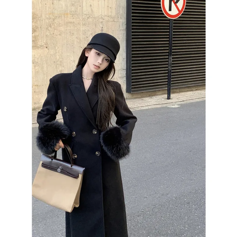 [oein] Double Breasted Woolen Coat Waistband Slimming Effect, Hepburn Style Fur Sleeves, Long Jacket With Cotton For Women