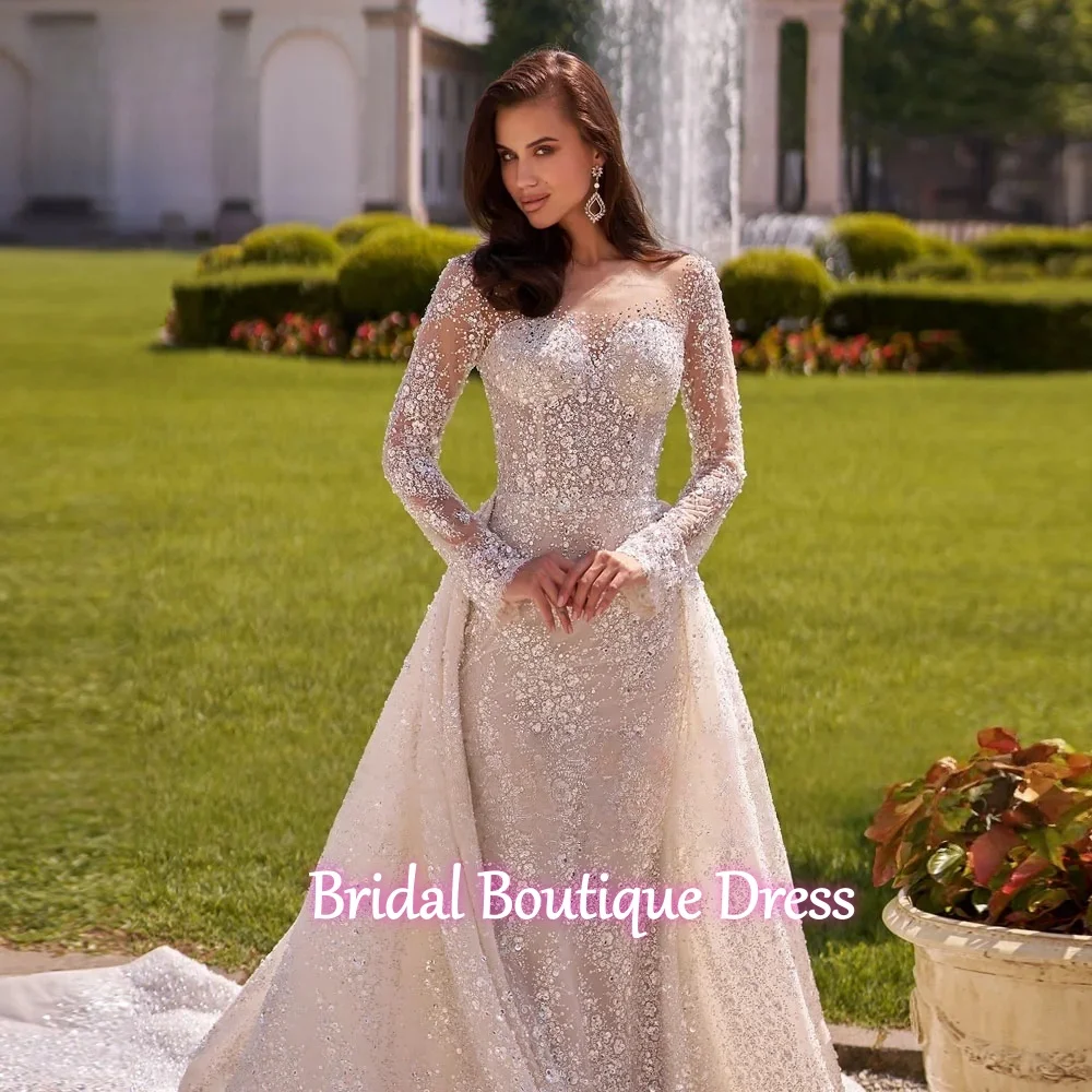 Customized Exquisite  Long Sleeve Sexy Mermaid Wedding Dresses Lace Beaded Sequined Shiny Vestido De Novia Detachable Train Brid