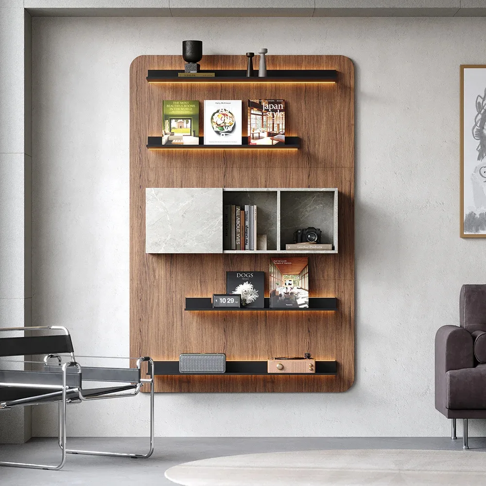 Factory Custom Wall-mounted 5-layer Modern Walnut Floating Bookshelf
