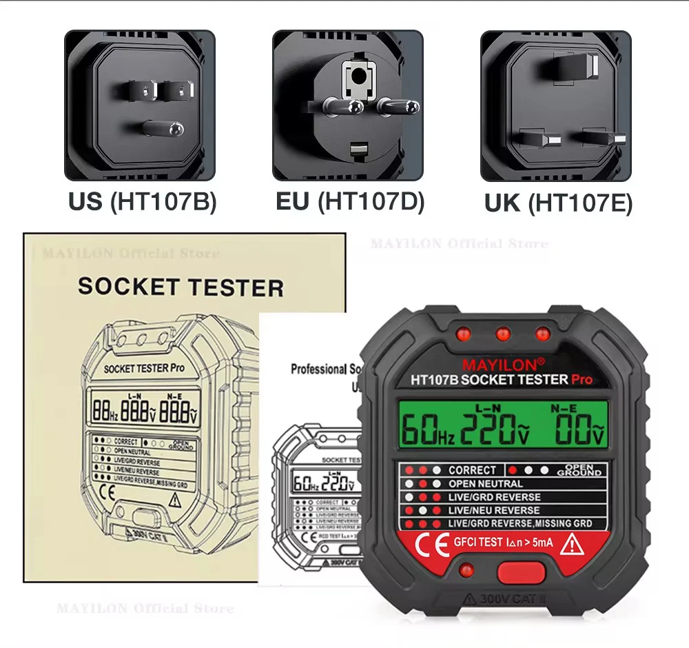 MAYILON HT107 Voltage Meter Socket Tester Plug EU UK US Digital Outlet RCD Neutral Ground Live Wire Volt Indicator Socket Tester