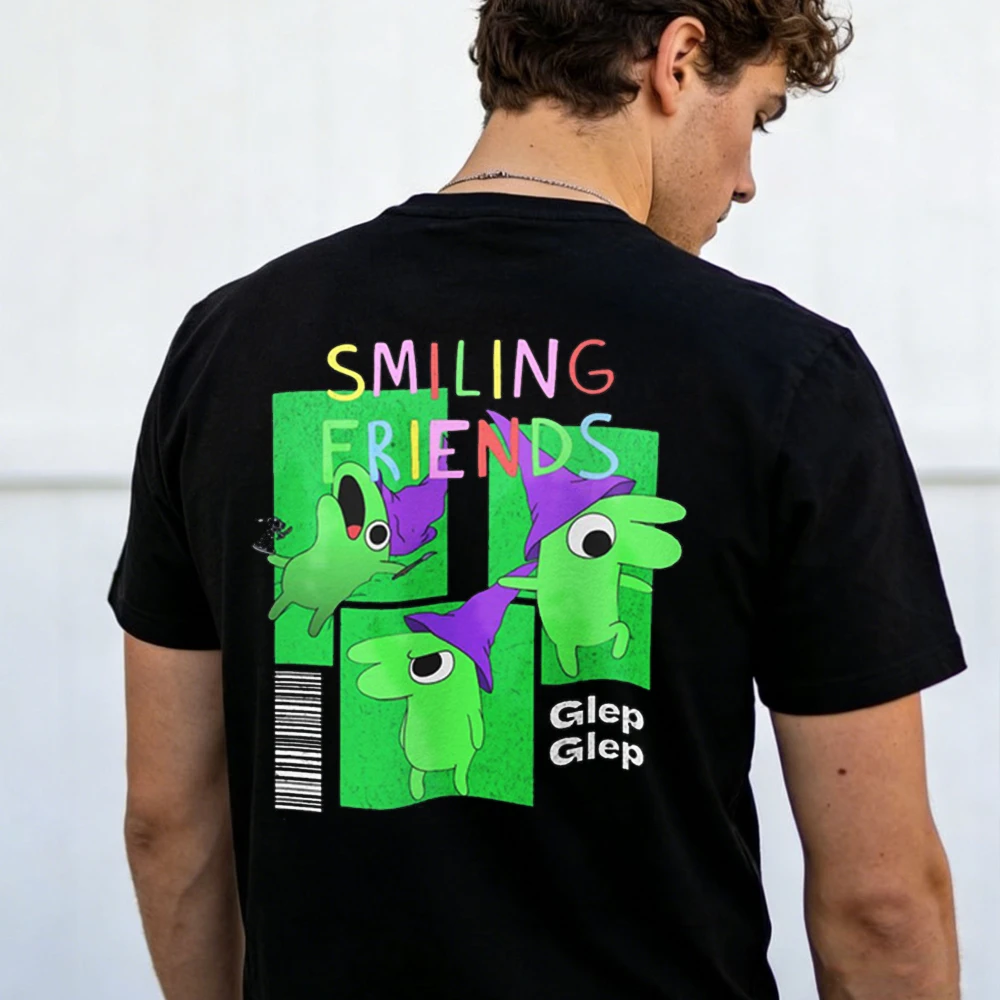 Smiling Friends Glep Grid T-Shirt, niedliche Cartoon-Figur, grafische, lässige Baumwolloberteile, trendige Streetwear für Animationsliebhaber, Geschenk