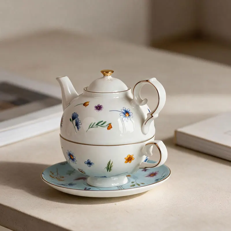 Creative Floral Pattern Bone China Teacup and Teapot Household Single-Person Tea Set Exquisite Porcelain Coffee and Beverage Cup