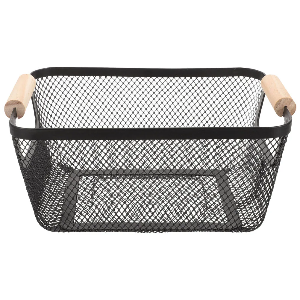 

Wrought Iron Basket Rectangular Mesh Storage Bin Wooden Handle Wire Basket for Kitchen Pantry Fruit Storage Organizer Home Use