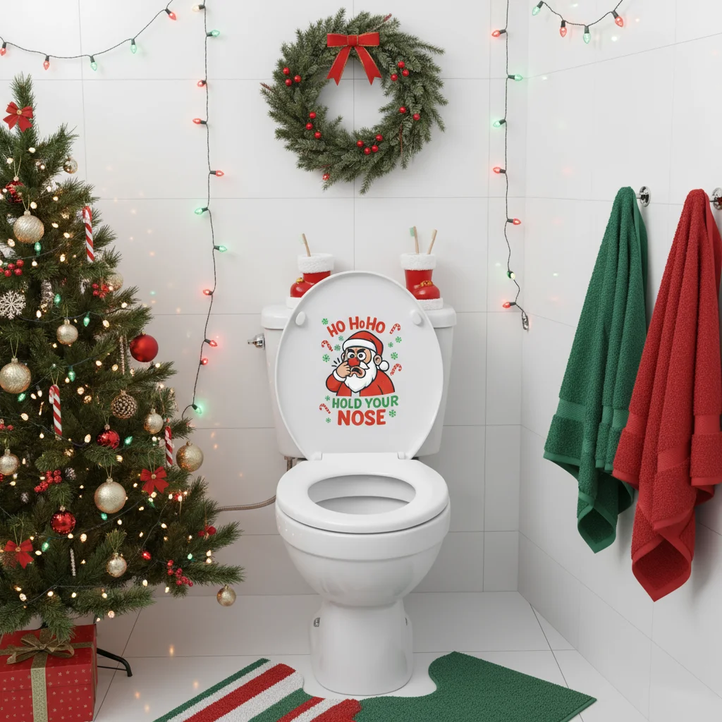 ملصق تواليت ذاتي اللصق "Ho Ho Hold Your Nose" - مقاوم للماء، فن عيد الميلاد المؤنس، سهل الاستخدام/إزالة ديكور الحمام
